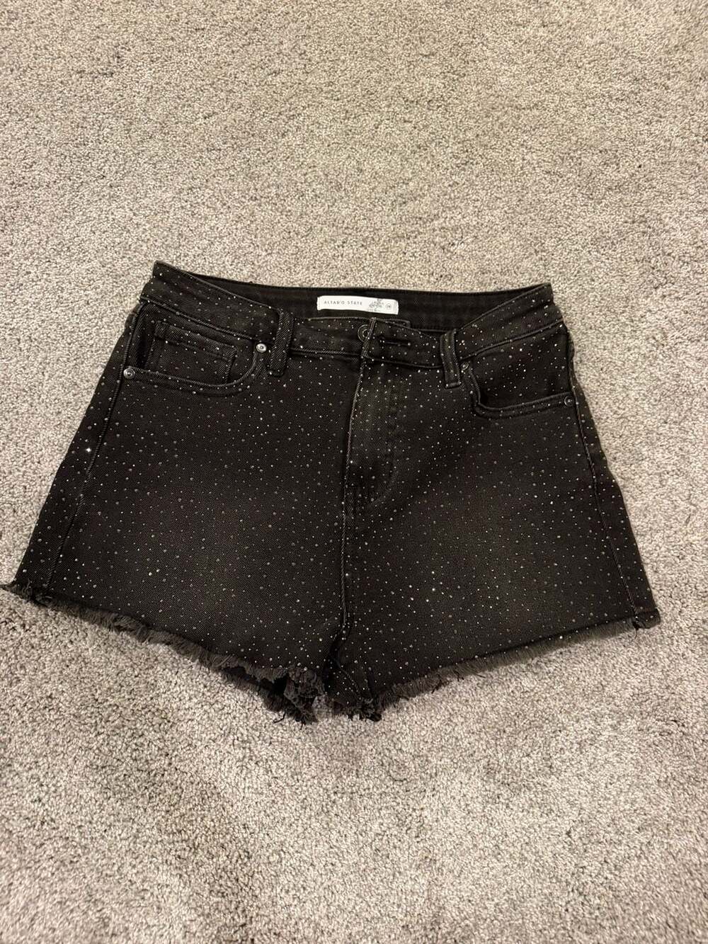 Altar'd State Rhinestone Denim Shorts Size 28 Black Distressed Cut Off